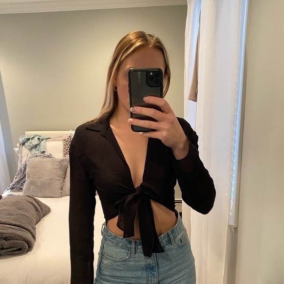 Zara Long Sleeve Front Tie Shirt - Picture 1 of 5